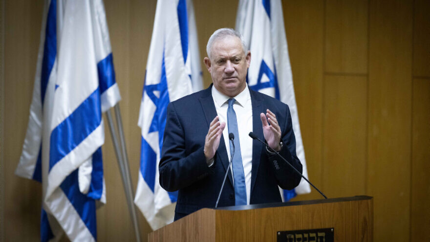 Israeli Defense Minister Benny Gantz speaks at an event at the Knesset celebrating the one-year anniversary of the Abraham Accords, Oct. 11, 2021. Photo by Yonatan Sindel/Flash90.