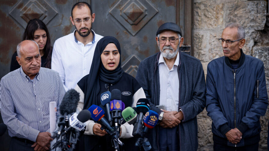 Palestinian activist Mona el-Kurd and Residents of the eastern Jerusalem neighborhood of Sheikh Jarrah hold a press conference against the Supreme Court offer to the residents, on Nov. 2, 2021. Photo by Olivier Fitoussi/Flash90.