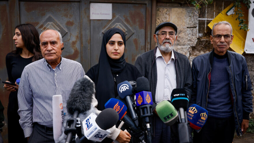 Mona el-Kurd and other residents of the Jerusalem neighborhood of Sheikh Jarrah hold a press conference in Jerusalem, Nov. 2, 2021. Photo by Olivier Fitoussi/Flash90.