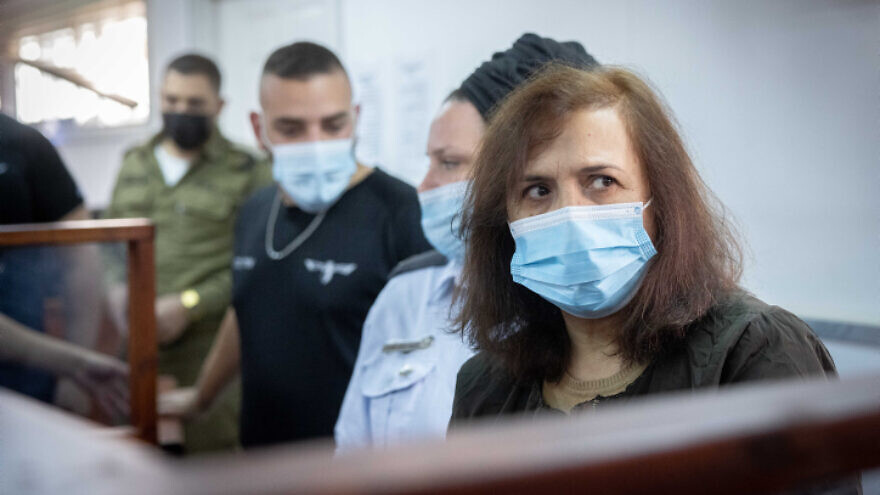 Juana Ruiz Rishwami, a Spanish citizen married to a Palestinian, during her court case at Ofer prison outside of Jerusalem, where she is being accused of funneling large sums of donations from European governments to a banned Palestinian militant group, Nov. 17, 2021. Photo by Yonatan Sindel/Flash90.