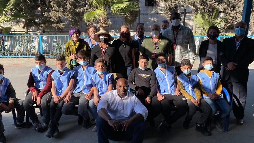 At center-front: Rep. Jamaal Bowman (D-N.Y.), along with other members of U.S. Congress, meet with Palestinian children in Hebron as part of a delegation organized by J Street, Nov. 10, 2021. Source: Jamaal Bowman/Twitter.