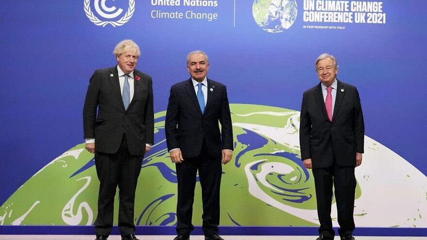 Palestinian Authority Prime Minister Mohammad Shtayyeh (center) is flanked by alongside British Prime Minister Boris Johnson (left) and U.N. Secretary-General António Guterres. Source: Twitter.