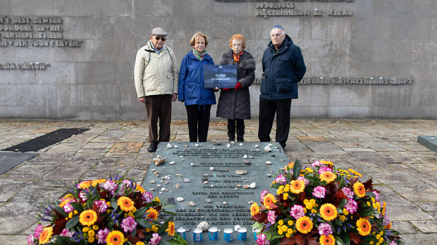 Holocaust survivors at the site of the Bergen-Belsen concentration camp as part of the March of the Living UK (from left) Harry (Chaim) Olmer, Mala Tribich, Eve Kugler and Alfred Garwood, October 2021. Photo by Sam Churchill.