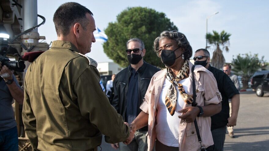 U.S. Ambassador to the United Nations Linda Thomas-Greenfield is greeted by IDF Deputy Chief of the Staff Maj. Gen. Herzi Halevi during her all-day visit with the Israeli military on Nov. 16, 2021. Credit: IDF Spokesperson's Unit.