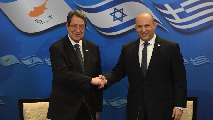 Israeli Prime Minister Naftali Bennett meets with Cypriot President Nicos Anastasiades in Jerusalem on Dec. 7, 2021, ahead of an Israel-Greece-Cyprus trilateral summit. Credit: Amos Ben-Gershom/GPO.