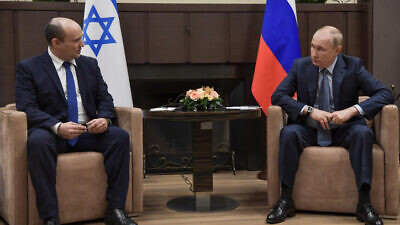 Then-Israeli Prime Minister Naftali Bennett meets with Russian President Vladimir Putin in Moscow on Oct. 22, 2021. Photo by Kobi Gideon/GPO.