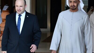Israeli Prime Minister Naftali Bennett is greeted by Abu Dhabi Crown Prince Sheikh Mohammed bin Zayed at his private palace in Abu Dhabi, Dec. 13, 2021. Credit: Haim Zach/GPO.