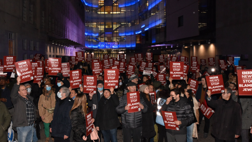 Demonstrators with the Campaign Against Antisemitism outside of BBC headquarters in London protesting a report made during Hanukkah, Dec. 13, 2021. Source: Twitter.