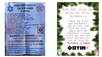 An example of anti-Semitic fliers found in at least eight states blaming Jews for COVID-19, December 2021. Source: Secure Community Network.