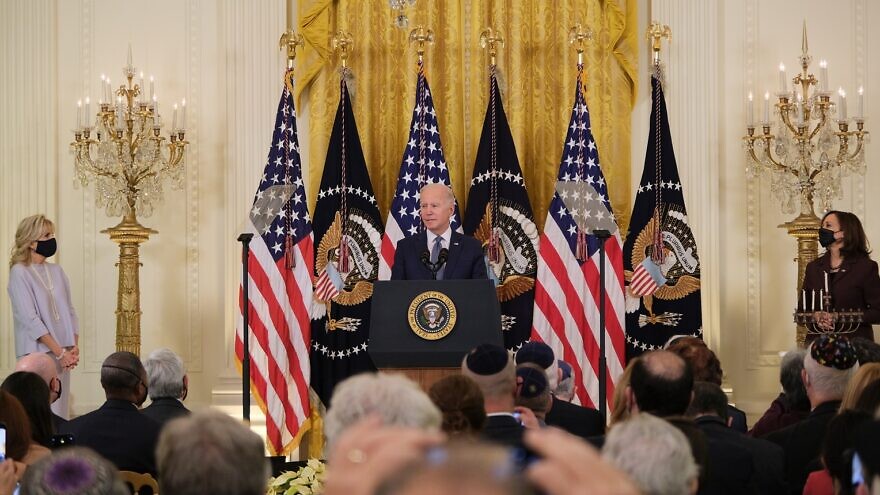 U.S. President Joe Biden speaks in the East Room at the White House Hanukkah celebration on Dec. 1, 2021. In a new survey, Biden received a 47% approval rating and 34% disapproval rating from U.S. Jews on his responses to antisemitism. Photo by Dmitriy Shapiro.