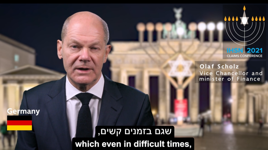 Incoming German Chancellor Olaf Scholz talked about Germany’s commitment to combating anti-Semitism at the annual International Holocaust Survivors Night on Nov. 30, 2021. Source: Screenshot.