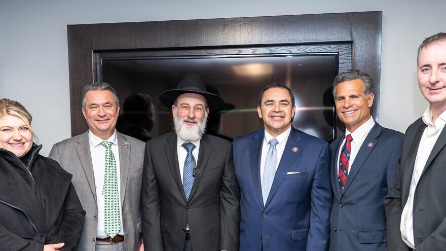 Celebrating the recent inauguration of the Congressional Caucus for Torah Values in Washington, D.C., are (from left) Rep. Kat Cammack (R-Fla.); Caucus co-chair Don Bacon (R-Neb.); Rabbi Dovid Hofstedter, founder of Dirshu; Caucus co-chair Henry Cuellar  (D-Texas); Rep. Dan Meuser (R-Pa.); and Rep. Brian Fitzpatrick (R-Pa.). Credit: Sruly Saftlas.
