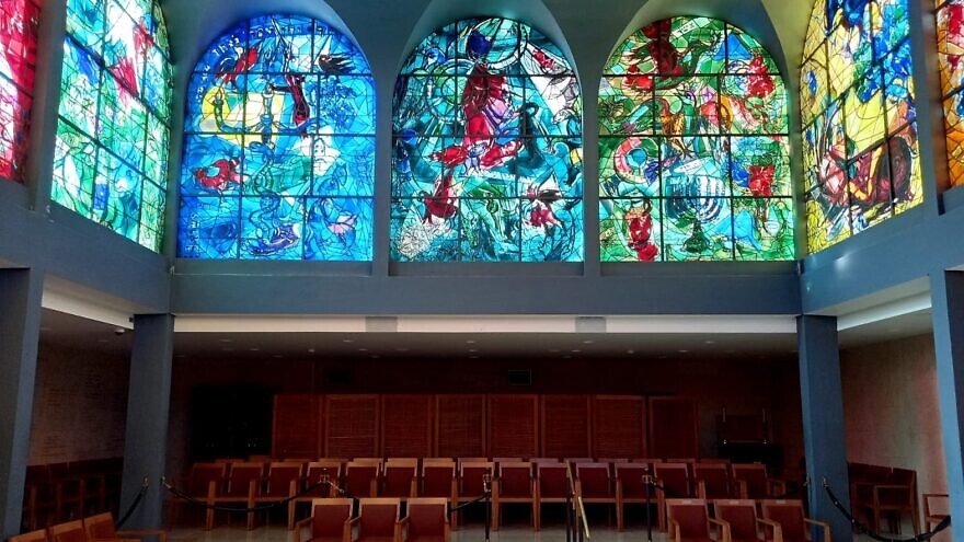 Chagall Windows depicting the tribes of Zebulon to Joseph above the bimah in the Abbell Synagogue. Photo by Ariella Green/all rights reserved to Hadassah.