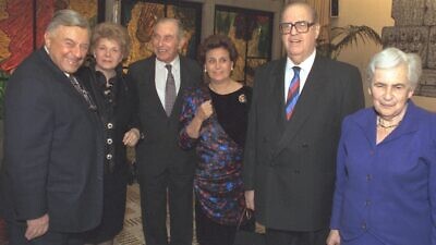 Gathered at Beit HaNassi, the official residents of the President's Office in Jerusalem, to mark the 75th birthday of Israeli statesman Abba Eban (second from right) are (from left) Jerusalem Mayor Teddy Kollek, Suzy Eban, Israeli President Chaim Herzog, Aura Herzog and Tamar Kollek, Feb. 26, 1990. Credit: Government Press Office, Israel National Photo Collection.