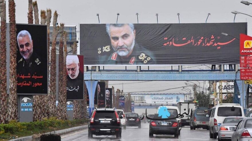 Banners featuring Iranian military commander Qassem Soleimani on the road in Beirut leading to the Rafik Hariri International Airport in January 2020. Source: An-Nahar.