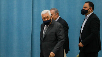Palestinian Authority leader Mahmoud Abbas heads for a meeting of the P.A. leadership in Ramallah. May 7, 2020. Photo by Flash90.