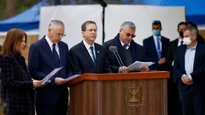 The funeral of Aura Herzog, wife of late Israeli president Chaim Herzog,and mother of current Israeli President Isaac Herzog, at Mount Herzl cemetery in Jerusalem on Jan. 12, 2022. Photo by Olivier Fitoussi/Flash90.
