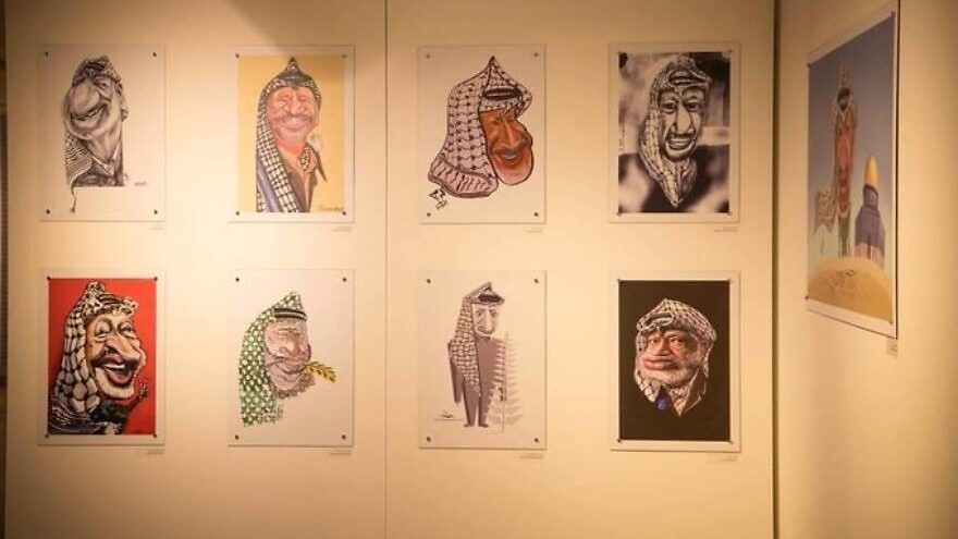 Caricatures of the late Palestinian Liberation Organization leader Yasser Arafat in the new Yasser Arafat Museum in Ramallah, January 2022. Source: Twitter/Khaled Abu Toameh.