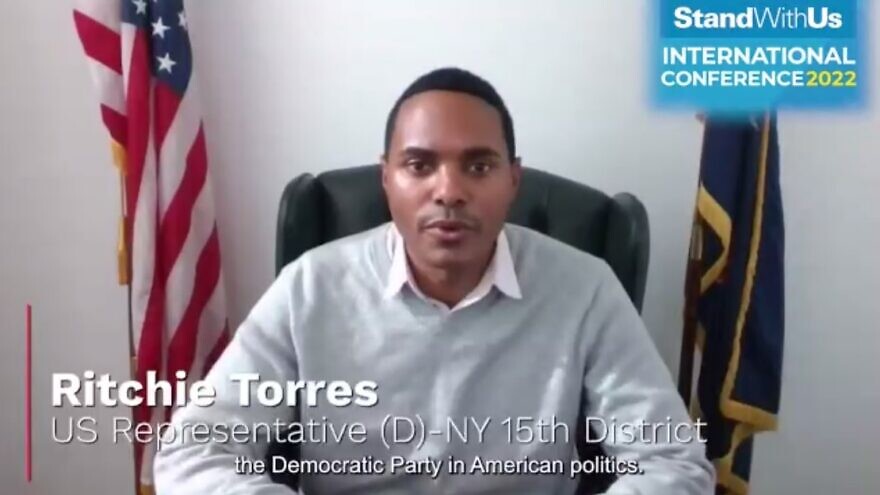 U.S. Rep. Ritchie Torres (D-N.Y.) speaking at the 2022 StandWithUs International Conference. Source: Screenshot.