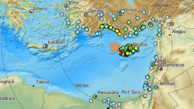 A map showing reports following a 6.6-magnitude earthquake in Cyprus on Jan 11, 2022. Source: European-Mediterranean Seismological Centre.