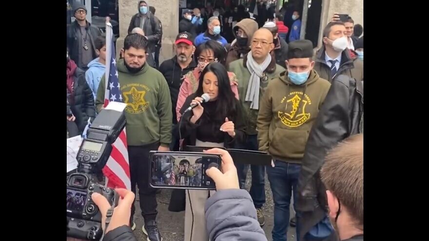 New York City Councilwoman Inna Vernikov speaking at a rally against anti-Semitism. Jan. 2, 2022. Source: Screenshot.