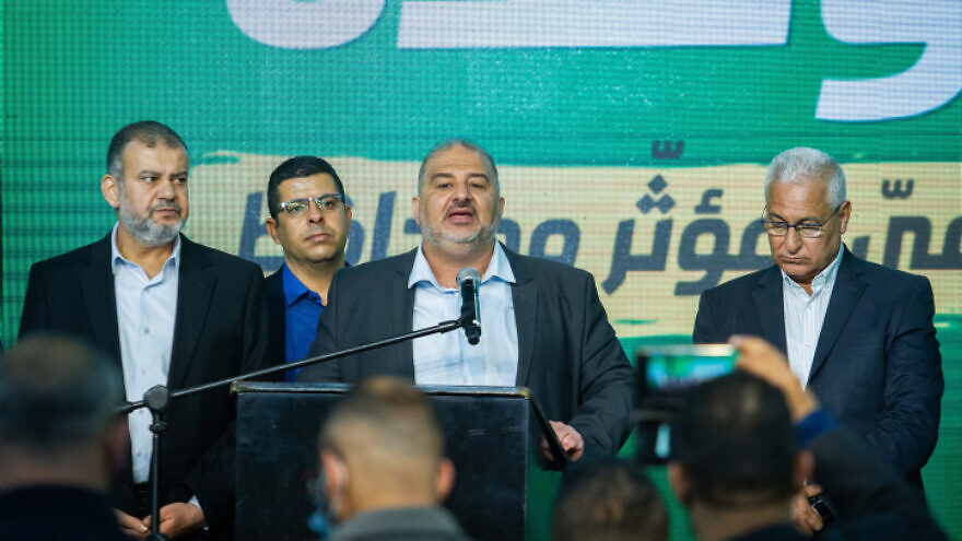 Ra'am Party leader Mansour Abbas at party headquarters in Tamra, on election night, March 23, 2021. Photo by Flash90.