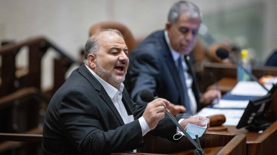 Ra'am Party leader Mansour Abbas speaks during a plenary session at the Knesset assembly hall, Nov. 29, 2021. Photo by Yonatan Sindel/Flash90.