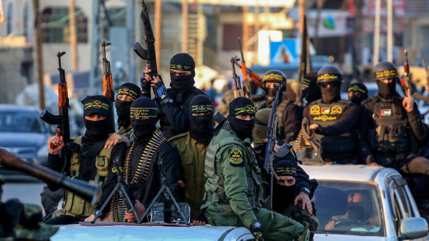 Members of Saraya al-Quds, the military wing of Islamic Jihad, take part in a military parade in Gaza City on Jan. 5, 2022. Photo by Atia Mohammed/Flash90.