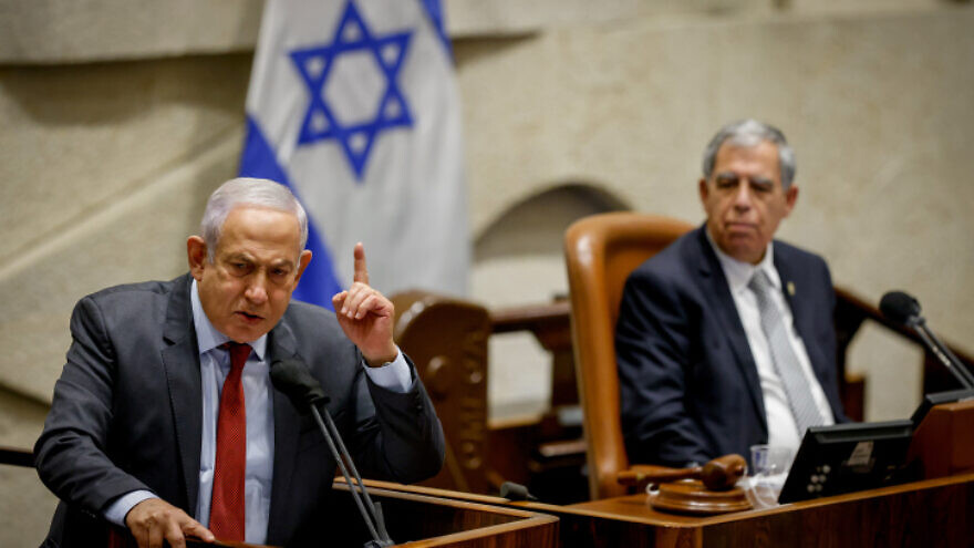 Israeli opposition leader Benjamin Netanyahu speaks during a plenum session at the Knesset, on Feb. 7, 2022. Photo by Olivier Fitoussi/Flash90.