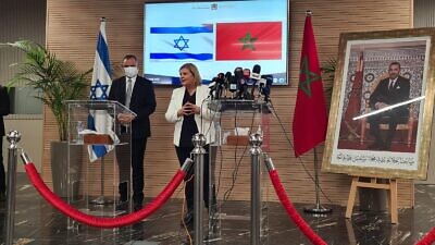 Israel’s Economy Minister Orna Barbivai with Moroccan Minister of Industry and Trade Ryad Mezzour in Rabat, Morocco, on Feb. 21, 2022. Source: Twitter.