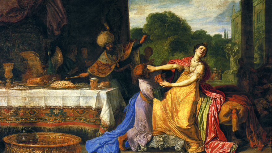“Haman begging Esther for Mercy,” Purim story, oil on panel, circa 1618, by Pieter Lastman. Credit: National Museum in Warsaw via Wilkimedia Commons.
