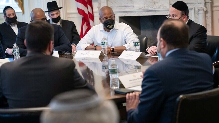 New York Mayor Eric Adams hosts a roundtable strategy meeting at City Hall about the rise of anti-Semitic hate crimes in New York City, Feb. 17, 2022. Credit: Ed Reed/Mayoral Photography Office.