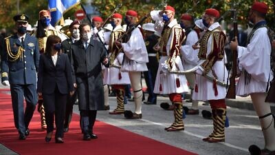 Israeli President Isaac Herzog is received with a state ceremony in Athens, Feb. 24, 2022. Credit: Kobi Gideon/GPO.