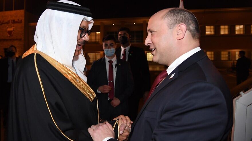 Prime Minister Naftali Bennett with Bahraini Crown Prince and Prime Minister Salman bin Hamad Al Khalifa in Bahrain on February 14, 2022. Credit: Haim Tzach/GPO.