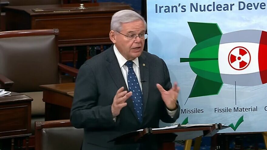 Sen. Robert Menendez (D-N.J.) discusses Iranian nuclear activities on the floor of the U.S. Senate on Feb. 1, 2022. Source: Screenshot.