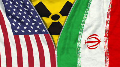 A graphic depicting the American and Iranian flags with a radioactive symbol. Credit: Belus/Shutterstock.