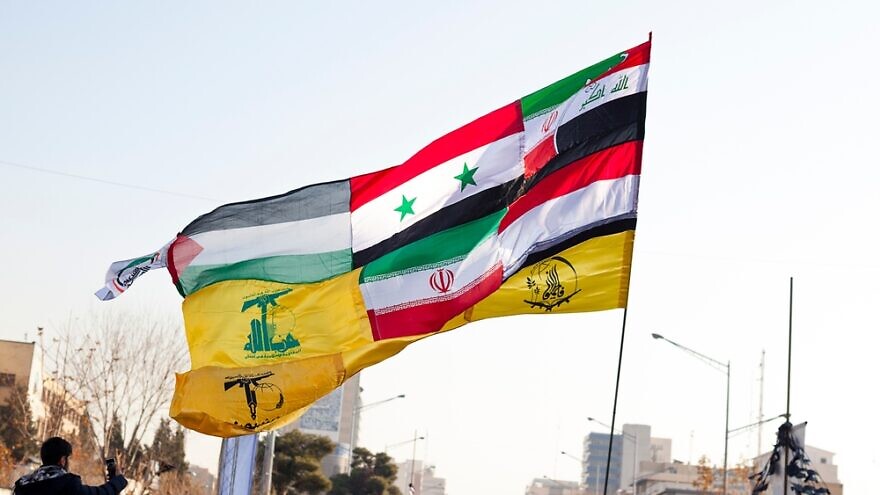 The flags of allied groups: Hamas, Hezbollah, Yemen, Iraq, Fatimids, the popular uprising and the Islamic Republic of Iran, Jan 7, 2020. Credit: Saeediex/Shutterstock.
