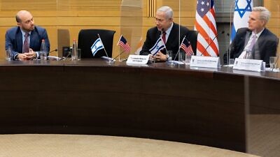 From left: Rep. Andrew Garbarino (R-N.Y.) meeting with opposition leader and former Prime Minister Benjamin Netanyahu, and House Minority leader Rep. Kevin McCarthy (R-Calif.). Credit: Courtesy.