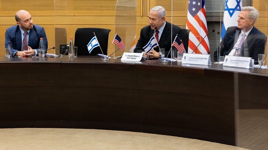 From left: Rep. Andrew Garbarino (R-N.Y.) meeting with opposition leader and former Prime Minister Benjamin Netanyahu, and House Minority leader Rep. Kevin McCarthy (R-Calif.). Credit: Courtesy.