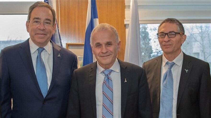 From left: U.S. Ambassador to Israel Thomas Nides, Hebrew University president Asher Cohen and university rector Barak Medina, March 15, 2022. Credit: Bruno Charbit/Hebrew University.