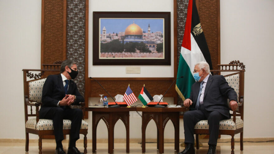 U.S. Secretary of State Antony Blinken meets with Palestinian Authority leader Mahmoud Abbas in Ramallah on May 25, 2021. Photo by Flash90.