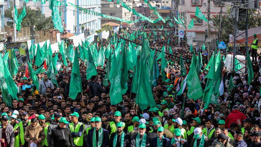Thousands of Palestinians attend a rally in Jabalia, in the northern Gaza Strip, marking the 34th anniversary of the Hamas Islamic movement, Dec. 10, 2021. Photo by Atia Mohammed/Flash90.