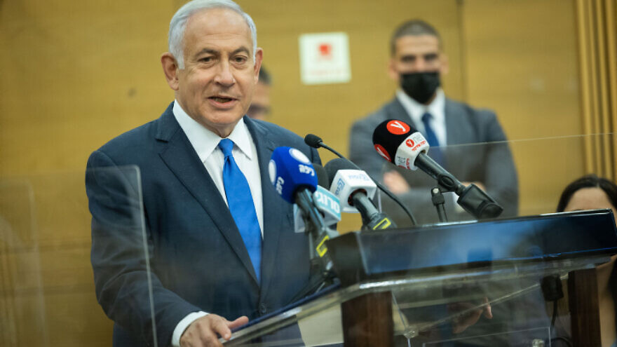 Israeli opposition leader Benjamin Netanyahu leads a Likud Party meeting at the Knesset, on Feb. 28, 2022. Photo by Yonatahn Sindel/Flash90.