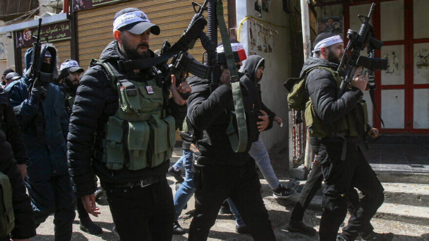 Palestinian gunmen attend a funeral in the Balata refugee camp, March 15, 2022. Photo by Nasser Ishtayeh/Flash90.