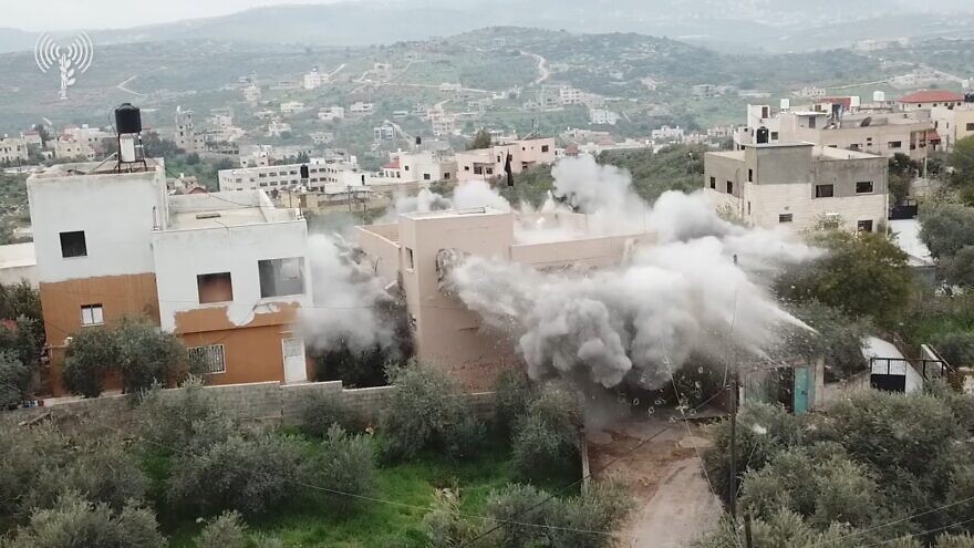 Israeli forces demolish the home of one of the terrorists behind the December 2021 murder of Yehuda Dimentman, in Silat al-Harithiya, Judea and Samaria, March 8, 2022. Source: IDF.