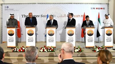 Foreign ministers from the United States, Israel, the United Arab Emirates, Bahrain, Morocco and Egypt at the Negev Summit on March 28, 2022. Credit: Yair Lapid/Twitter.