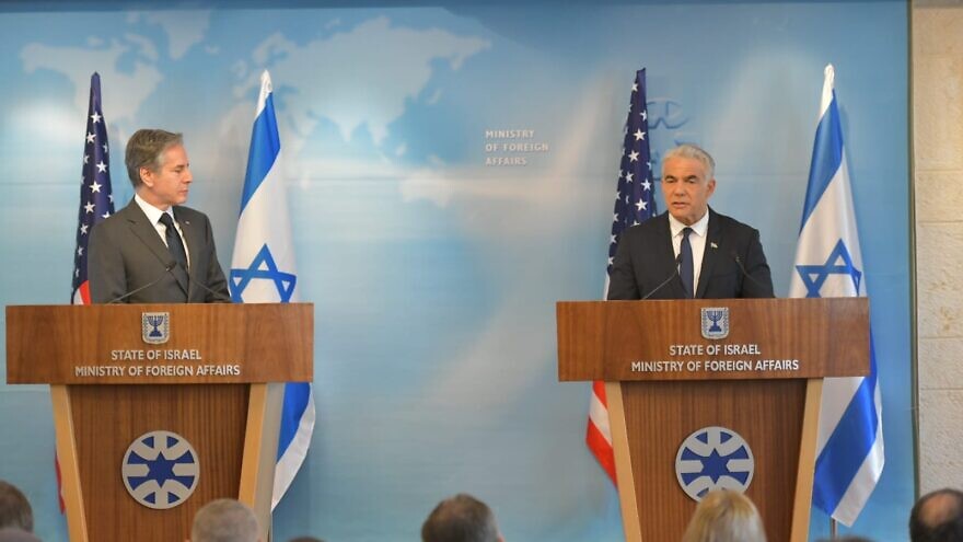 U.S. Secretary of State Antony Blinken and Israeli Foreign Minister Yair Lapid at a joint press conference in Jerusalem, Sunday, March 27, 2022. Credit: Shlomi Amsalem/Israeli Foreign Ministry.