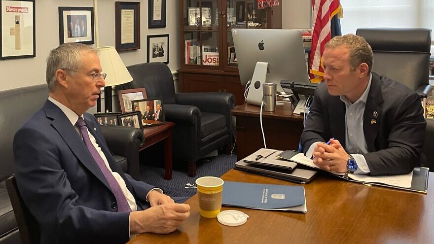 Israeli Ambassador to the United States Michael Herzog (left) in the office of Rep. Josh Gottheimer (D-N.J.), discussing strategic risks to Israel and the bipartisan U.S.-Israel relationship, on March 18, 2022. Source: Facebook.