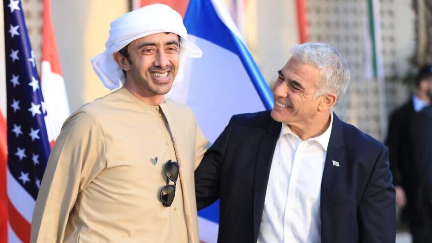 Israeli Minister of Foreign Affairs Yair Lapid welcomes UAE Foreign Minister Sheikh Abdullah bin Zayed Al Nahyan to the Negev Summit, March 27, 2022. Photo by Boaz Oppenheimer/GPO.