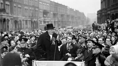 Winston Churchill speaking at Blythe Road, Hammersmith, London, on Feb. 23, 1949. Credit: PA-Press Association, courtesy of the Government of the United Kingdom via Wikimedia Commons.